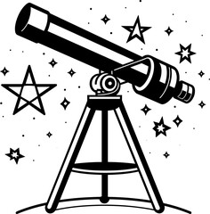 Monochrome Telescope Gazing at Shimmering Stars in the Night Sky - A Vector Illustration of Astronomical Exploration and Celestial Wonder