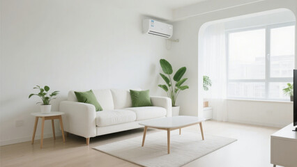 Modern minimalist living room with white sofa, green plants, and large windows