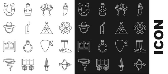 Set line Bow and arrow in quiver, Cowboy boot, Revolver cylinder, Indian headdress with feathers, Dynamite bomb, Western cowboy hat, Horseshoe and teepee wigwam icon. Vector © Oksana