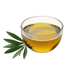 Olive oil in glass bowl with leaves isolated on transparent background