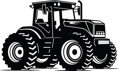 Black and White Tractor Vector Icon: Agricultural Farm Vehicle Silhouette for Industrial, Rural, and Farming Designs. Isolated Graphic.