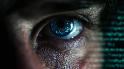 Human eye close-up reflecting digital code for cybersecurity topics, tech editorials, artificial intelligence concepts, and software development content, in cool tones with sharp contrast and copy spa