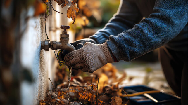 Outdoor faucet being turned by gloved hands for plumbing services, seasonal maintenance, home improvement articles, and water usage guides, in autumn setting with warm colors and copy space. - Powered by Adobe