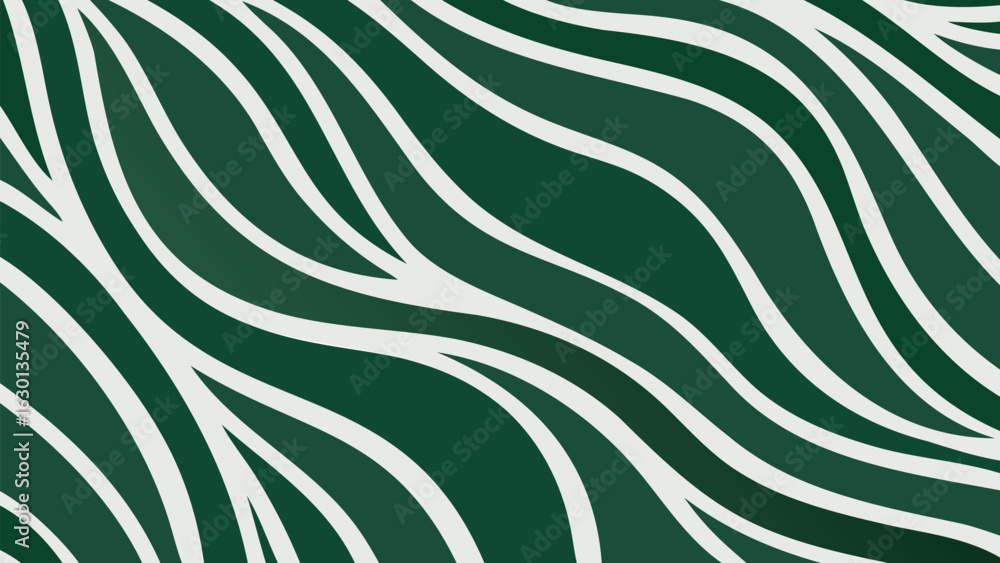 Poster abstract background with wavy white lines on a dark green backdrop creating a zebra like pattern