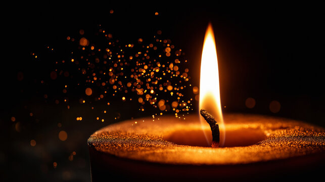 Single candle flame with glowing sparks in dark background for memorial designs, festive decorations, wellness graphics, and spiritual visuals, in warm tones with macro focus and copy space.