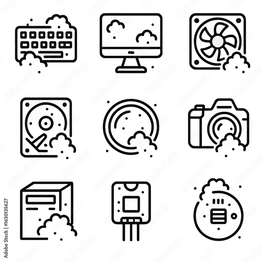 Aufkleber tech and architecture icons. outline icon set of dust in technology: dusty keyboard, dusty screen, d