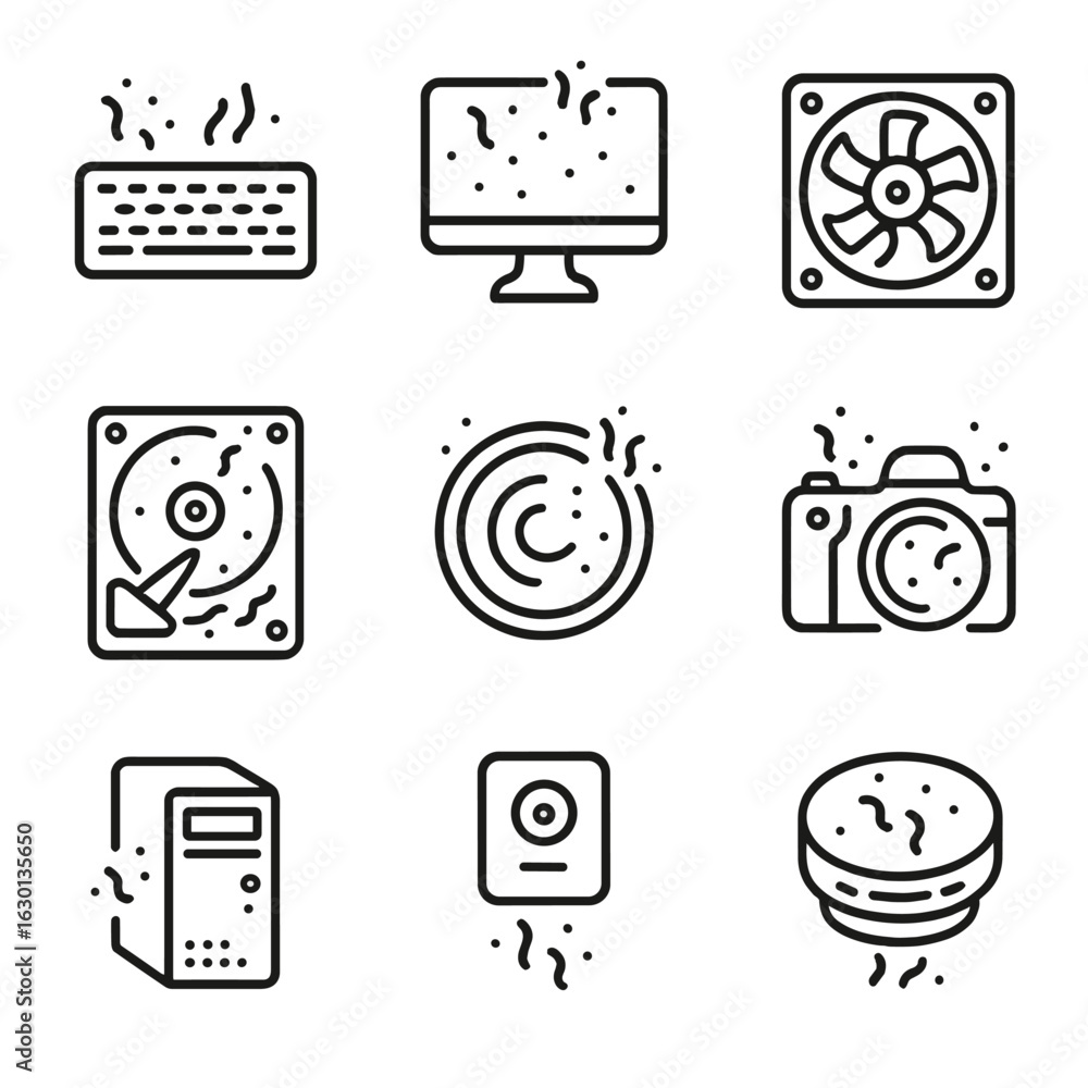 Aufkleber tech and architecture icons. outline icon set of dust in technology: dusty keyboard, dusty screen, d