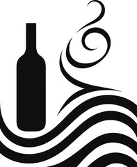 Elegant Black and White Wine Bottle Silhouette with Artistic Swirls - Minimalist Drink Icon for Beverage Concepts and Design