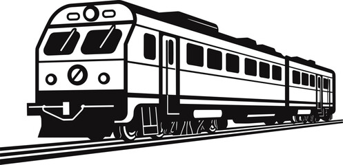 Sleek black and white vector illustration of a classic passenger train on railway tracks, symbolizing journey, travel, and efficient public transport.