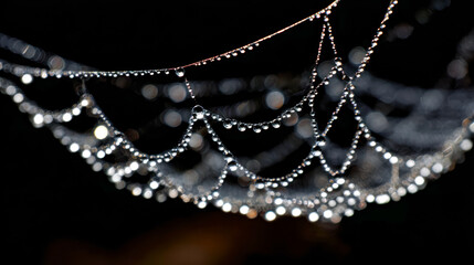 Close-up of dew-covered spider webs with sparkling water droplets against a dark background