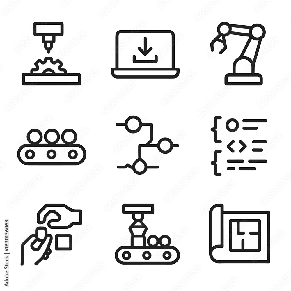 Aufkleber technical steps icons. outline icon set of technical steps: machine step, software installation, rob
