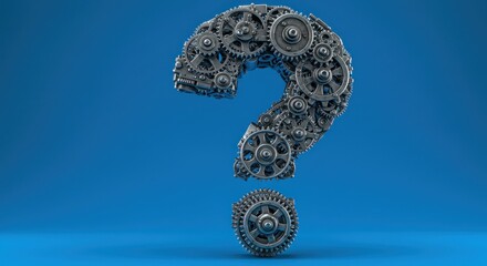 Mechanical question mark composed of interconnected gears and cogs, against a plain blue background.