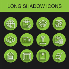 Set line Warehouse, Carton cardboard box, Worldwide shipping, Envelope, Hand truck and boxes, Container, Cardboard with calendar and Scale icon. Vector