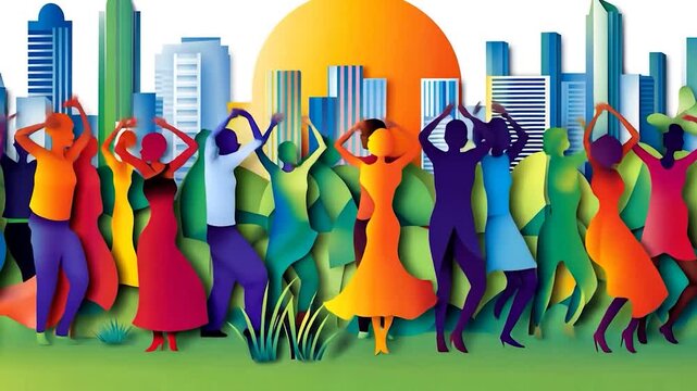 Diverse group dancing in a city park