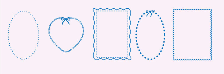 Doodle hand drawn frames with bows in stamp style. Mediterranean sea coastal style. Vintage blue ornament borders for wedding, greeting cards, menu, poster, picnic invitations.