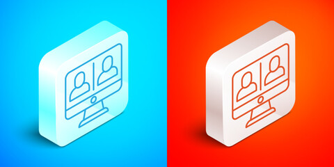 Isometric line Video chat conference icon isolated on blue and red background. Online meeting work form home. Remote project management. Silver square button. Vector
