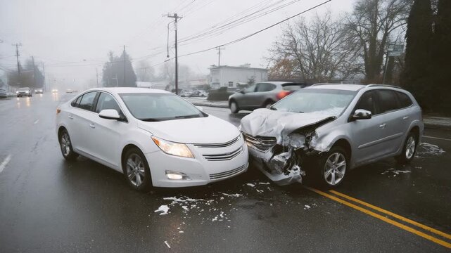Serious car accident with two damaged vehicles roadside. Auto wreckage. Traffic lights, situation urgency. Danger, winding road safety, aftermath automobile accident, damage, caution. Reckless driving