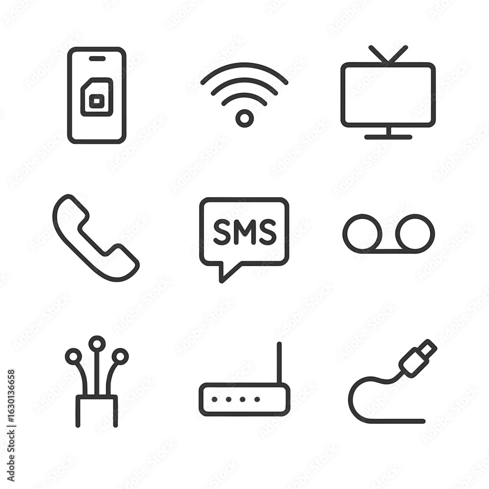 Poster telecom services icons. outline icon set of telecom services: mobile subscription, internet connecti