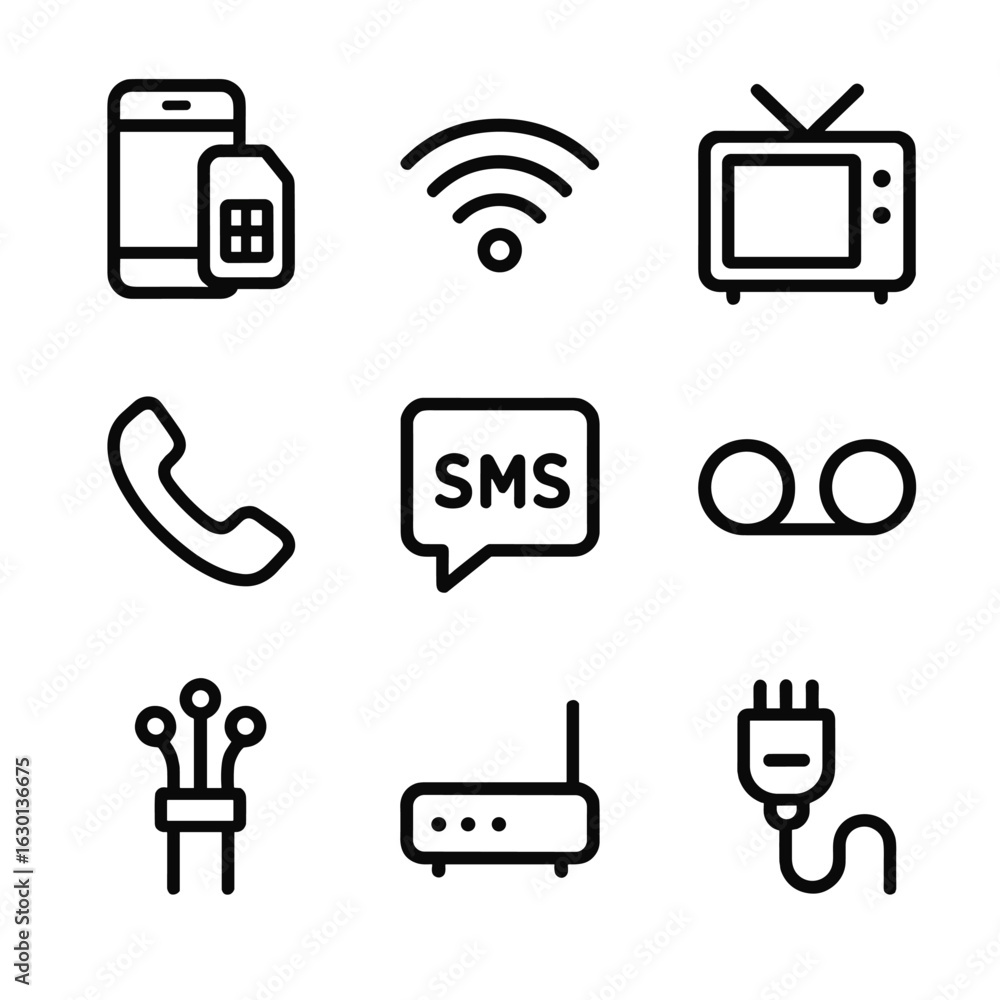 Aufkleber telecom services icons. outline icon set of telecom services: mobile subscription, internet connecti