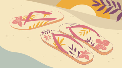 Colorful Floral FlipFlops Resting on Sandy Beach Surface.
