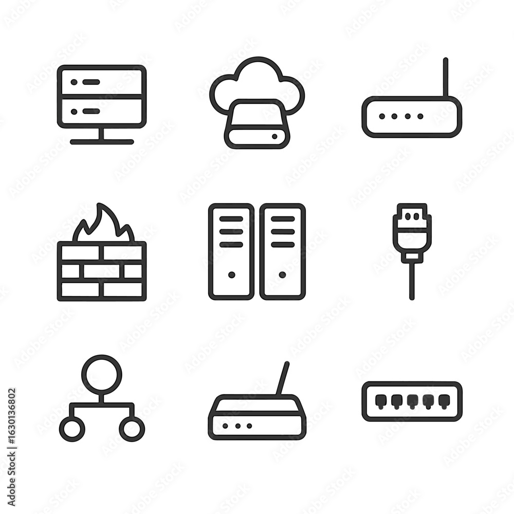 Poster telemetry network icons. outline icon set of telemetry network infrastructure: server, cloud storage