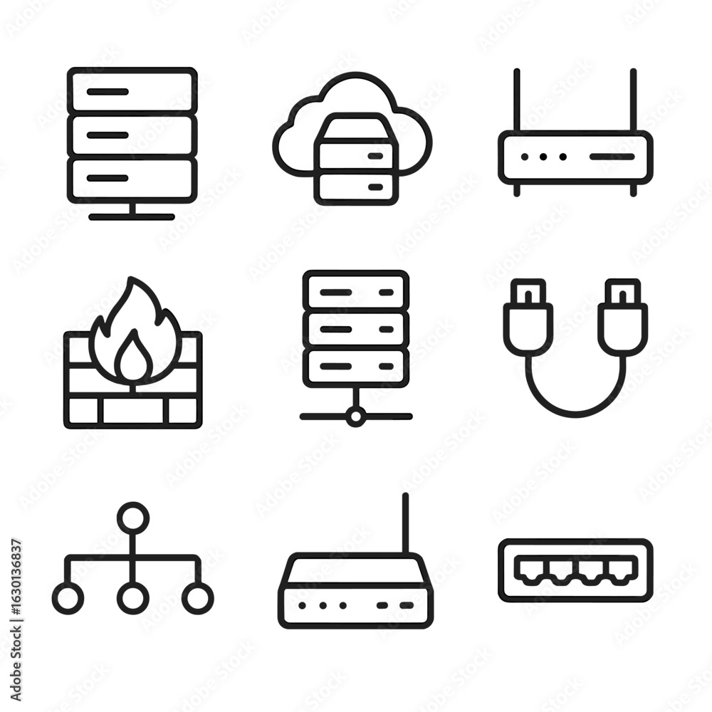 Poster telemetry network icons. outline icon set of telemetry network infrastructure: server, cloud storage
