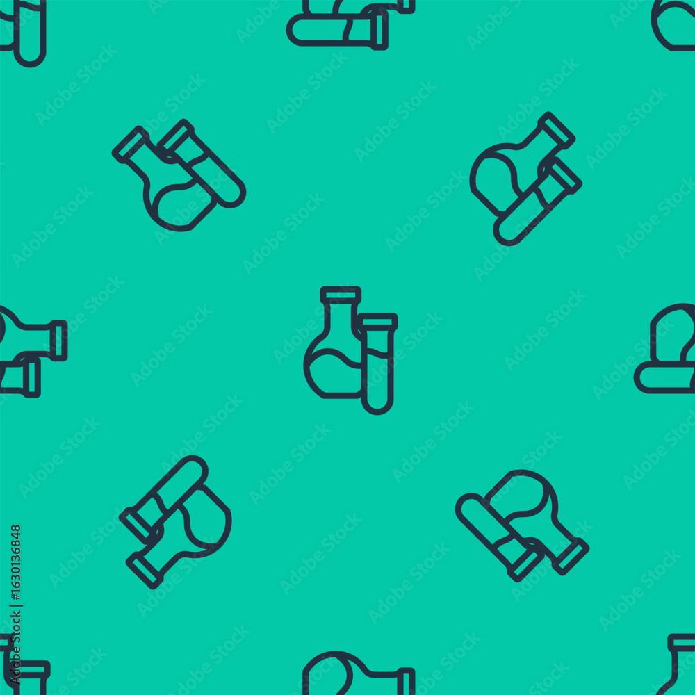 Poster blue line test tube and flask chemical laboratory test icon isolated seamless pattern on green backg