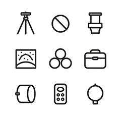 Telescope Accessories Icons. Outline icon set of telescope accessories: tripod, lens cap, camera adapter, star chart, filters,