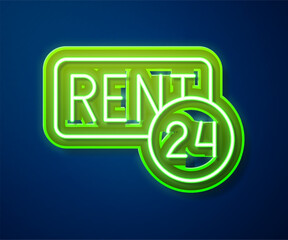 Glowing neon line Hanging sign with text Rent icon isolated on blue background. Signboard with text For Rent. Vector