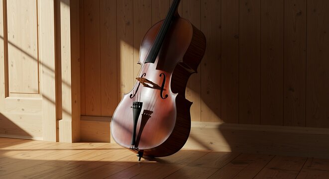 Cello Standing in Wooden Room with Sunlight Shadows