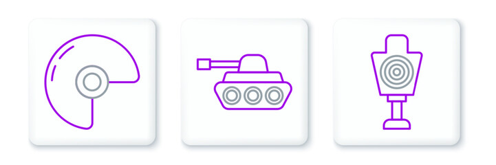 Set line Human target sport for shooting, Military helmet and tank icon. Vector