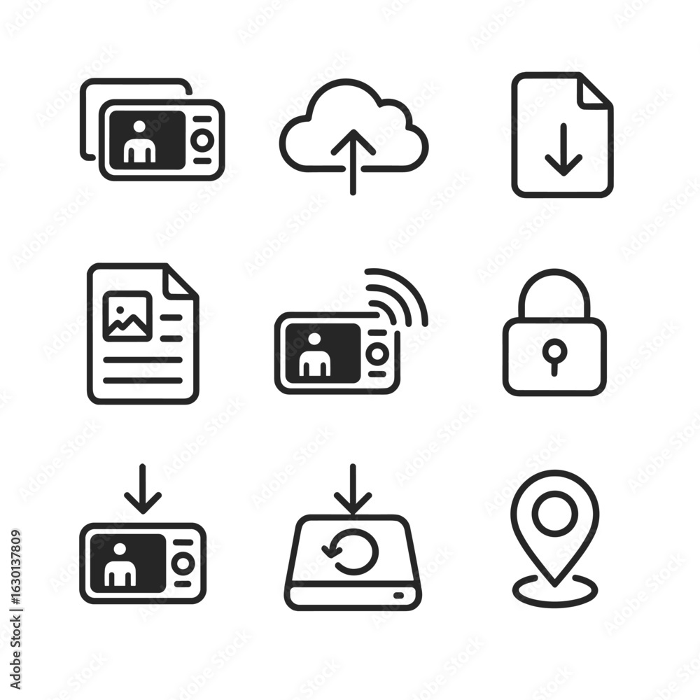 Poster thermal camera features icons. outline icon set of thermal camera data features: image storage, clou