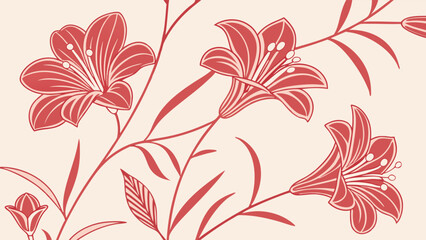 Stylized Red Lily Flowers and Foliage on a Cream Background.