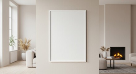 Fototapeta premium A blank picture frame hangs on a beige wall in a modern living room.