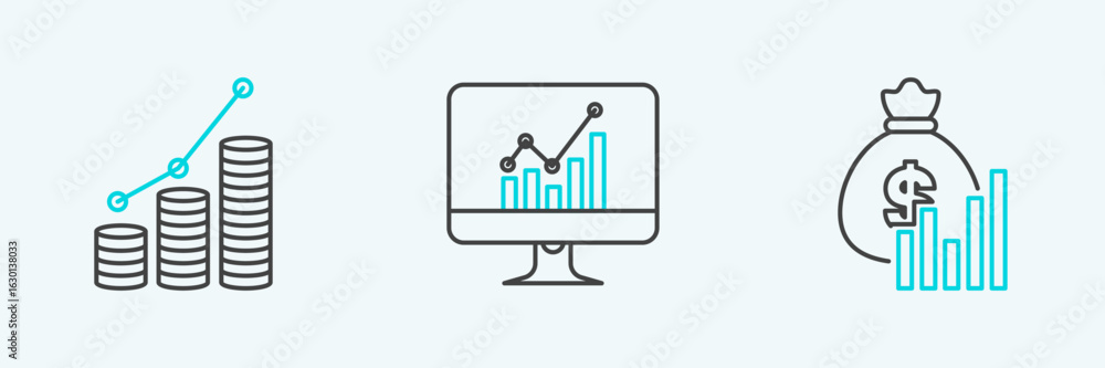 Poster set line money bag and diagram graph, pie chart infographic coin and computer monitor with icon. vec