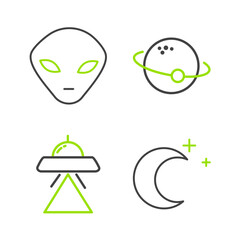 Set line Moon and stars, UFO flying spaceship, Planet and Alien icon. Vector
