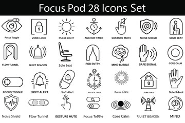 Focus Pod Line Icons Set Minimal Symbols for Calmness, Mindfulness, Productivity, Quiet Space, and Mental Clarity.eps