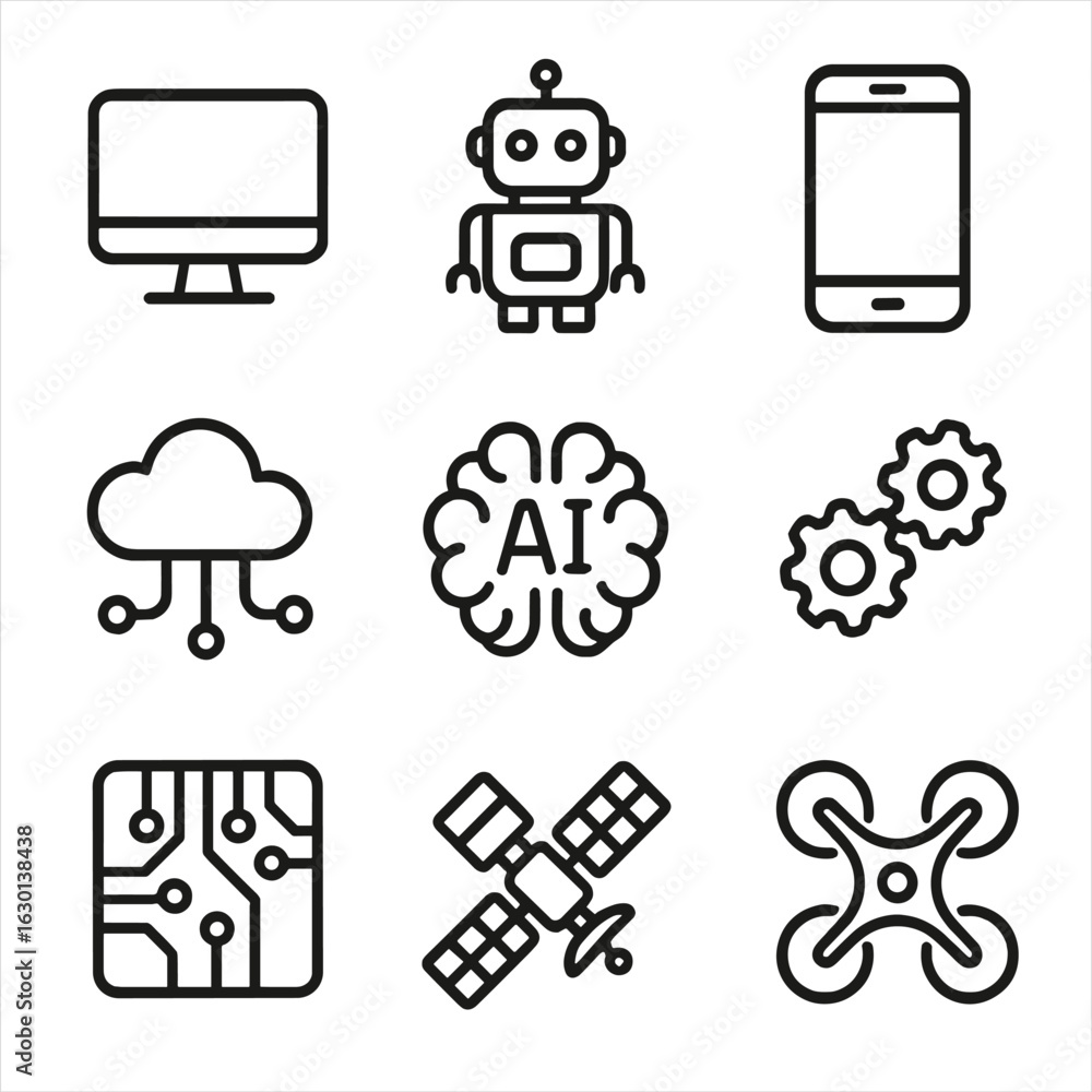 Aufkleber global tech icons. outline icon set of global technology and innovation: computer, robot, smartphone