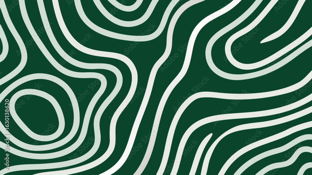 Poster wavy white lines on a dark green background creating a topographic map like abstract visual pattern