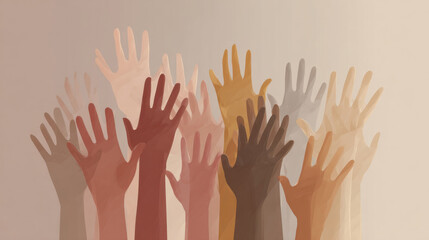 Raised hands in diverse skin tones symbolizing unity and equality
