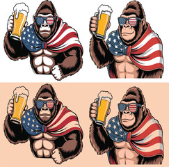 Muscular gorilla wearing American flag cape holding beer