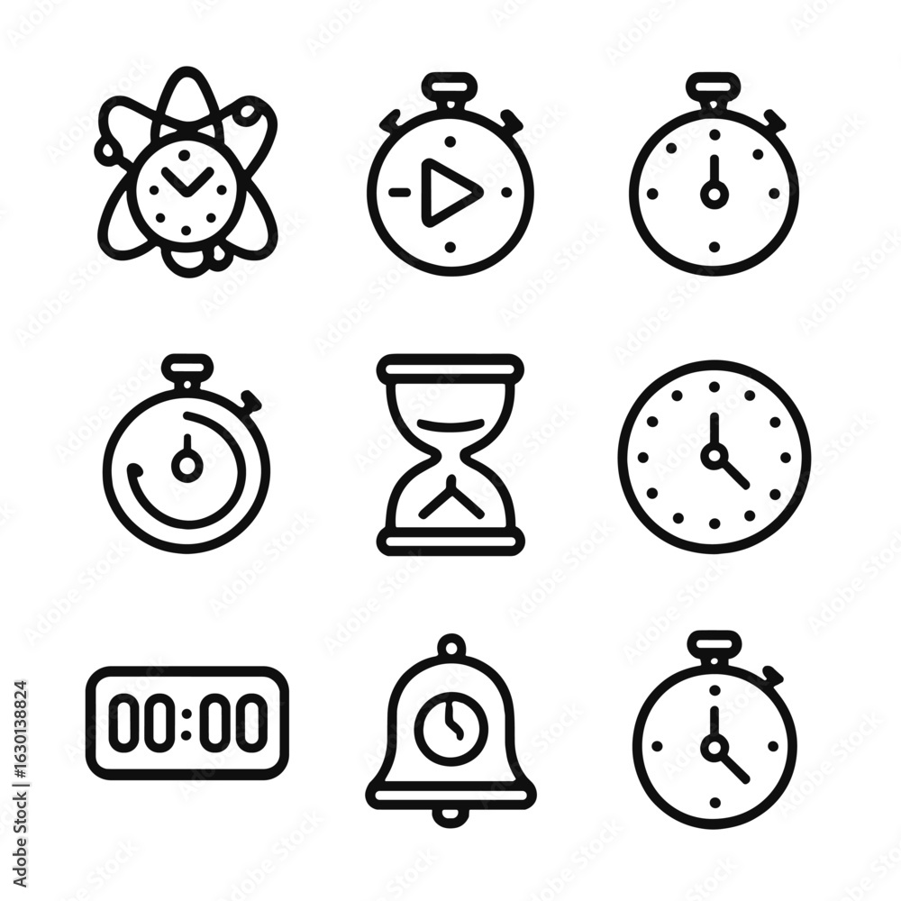 Poster time measurement icons. outline icon set of time measurement: atomic clock, stopwatch start, lap tim