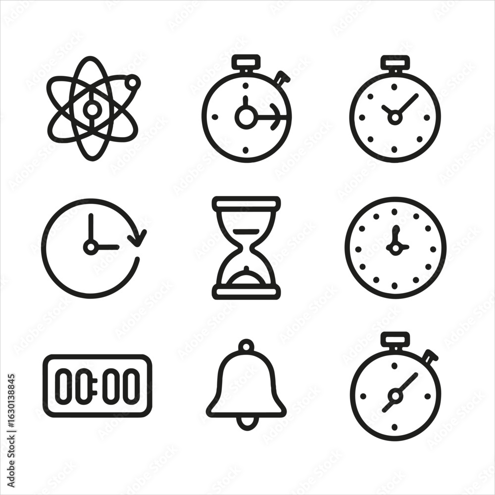 Poster time measurement icons. outline icon set of time measurement: atomic clock, stopwatch start, lap tim