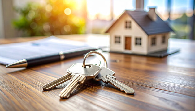 Closeup of house keys with a small house shaped keychain on a wooden table Background Ai Image