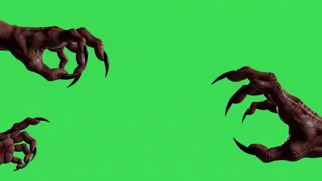 Menacing creature claws reach across a green chroma key backdrop, creating a sense of eerie suspense and anticipation