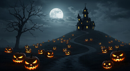 Spooky haunted house on a hill with glowing jack o lantern pumpkins lining the winding path under a full moon and dark cloudy halloween night sky