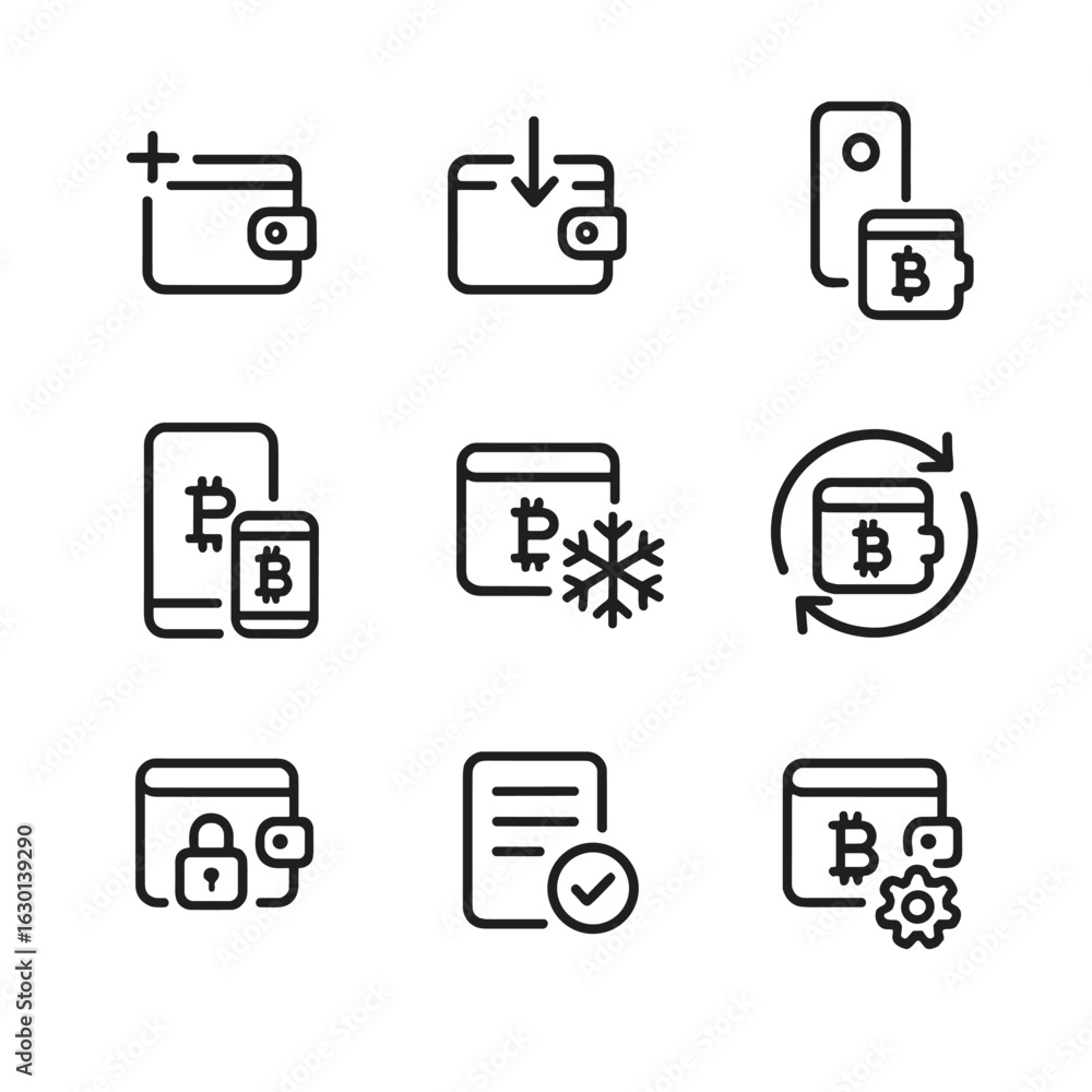Poster token wallet icons. outline icon set of жбtoken wallet features: create wallet, import wallet, hardw