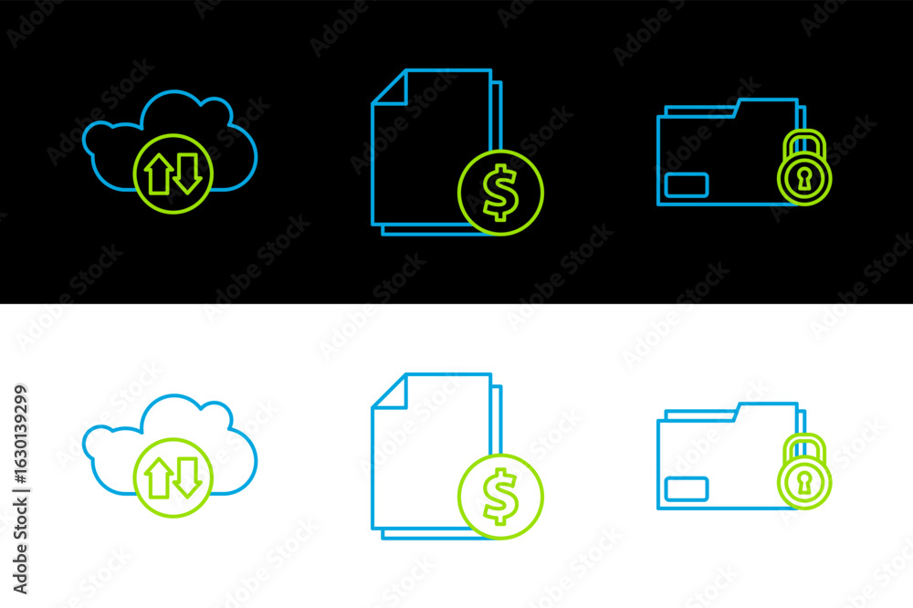 Poster set line folder and lock, cloud download upload and finance document icon. vector