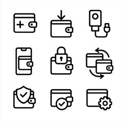 Token Wallet Icons. Outline icon set of жбtoken wallet features: create wallet, import wallet, hardware wallet, mobile wallet,