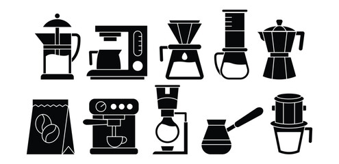Black Coffee Maker Machine Icons Silhouette Illustrations, Drip, Brewing, Drink, Kitchen, Symbol Sign Vector Design Collections Sets